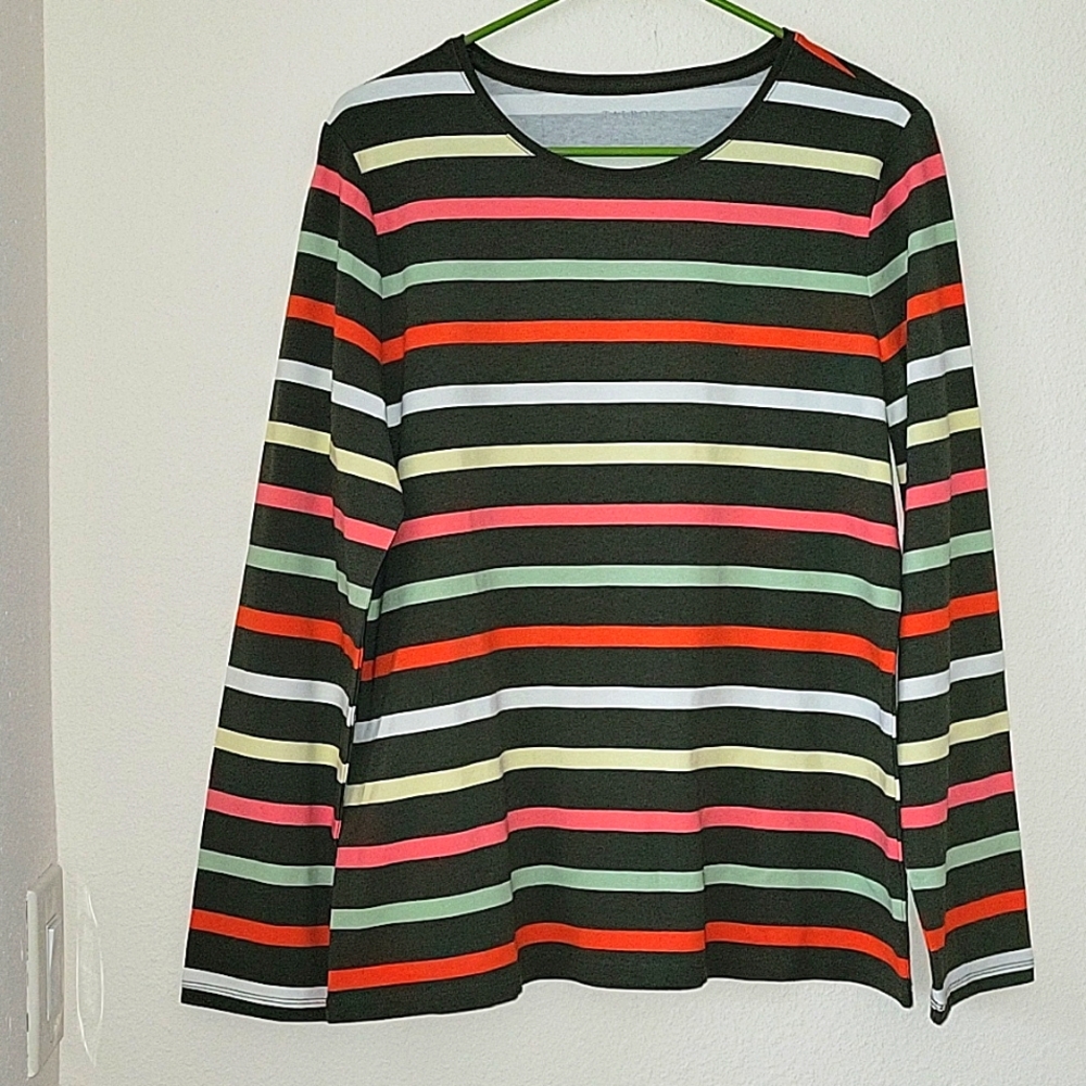 NEW Talbots Colorful Olive Green Striped LS Tee, L, NWOT